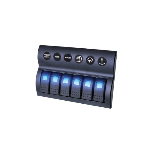 Thunder 6 Rocker Switch Panel On - Off - Spst 12 Or 24V Blue Illuminated (Contacts Rated 20A @ 12V)